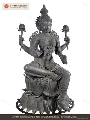 Life-Size Lakshmi Seated on Lotus in Panchaloha Bronze – Swamimalai, Tamil Nadu
