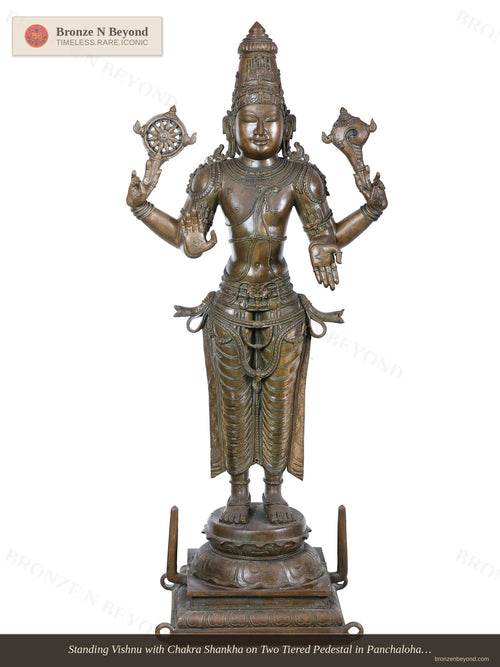 Standing Vishnu with Chakra Shankha on Two Tiered Pedestal in Panchaloha Bronze