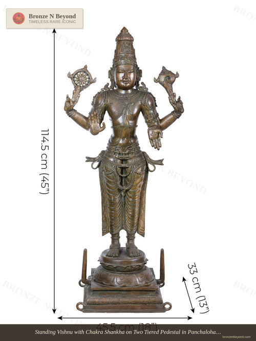 Standing Vishnu with Chakra Shankha on Two Tiered Pedestal in Panchaloha Bronze – Swamimalai