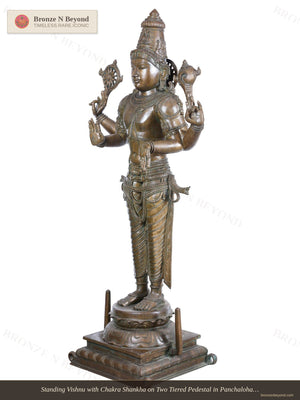 Standing Vishnu with Chakra Shankha on Two Tiered Pedestal in Panchaloha Bronze – Swamimalai