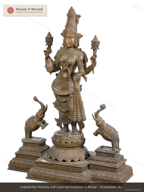 Gajalakshmi Standing with Lotus and Elephants in Bronze – Swamimalai, Tamil Nadu