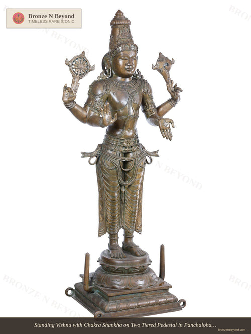 Standing Vishnu with Chakra Shankha on Two Tiered Pedestal in Panchaloha Bronze – Swamimalai