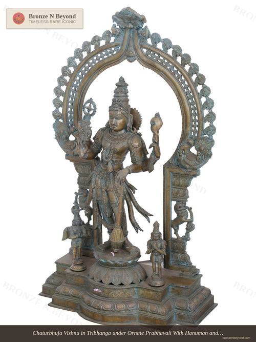 Chaturbhuja Vishnu in Tribhanga under Ornate Prabhavali With Hanuman and Garuda  in Panchaloha Bronze – Swamimalai, Tamil Nadu