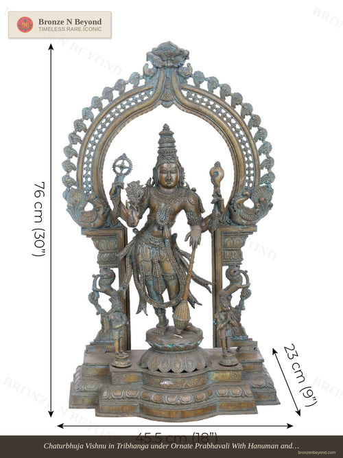 Chaturbhuja Vishnu in Tribhanga under Ornate Prabhavali With Hanuman and Garuda  in Panchaloha Bronze – Swamimalai, Tamil Nadu