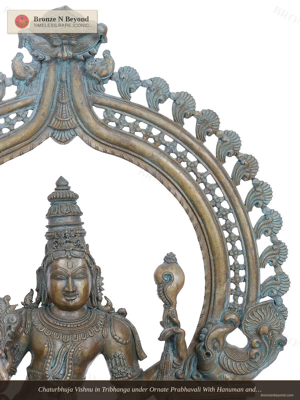 Chaturbhuja Vishnu in Tribhanga under Ornate Prabhavali With Hanuman and Garuda  in Panchaloha Bronze – Swamimalai, Tamil Nadu