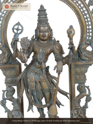 Chaturbhuja Vishnu in Tribhanga under Ornate Prabhavali With Hanuman and Garuda  in Panchaloha Bronze – Swamimalai, Tamil Nadu
