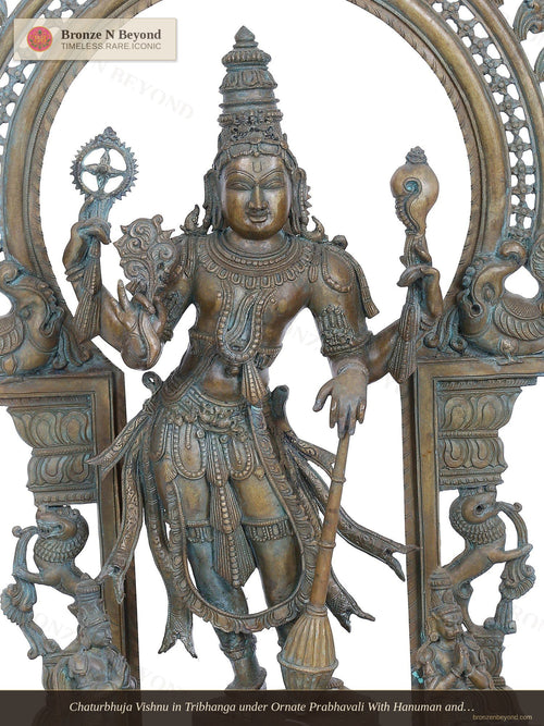 Chaturbhuja Vishnu in Tribhanga under Ornate Prabhavali With Hanuman and Garuda  in Panchaloha Bronze – Swamimalai, Tamil Nadu