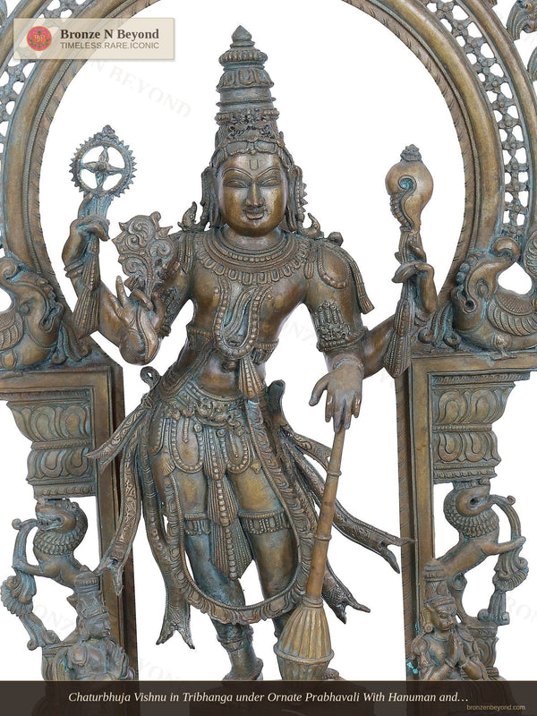 Chaturbhuja Vishnu in Tribhanga under Ornate Prabhavali With Hanuman and Garuda  in Panchaloha Bronze – Swamimalai, Tamil Nadu