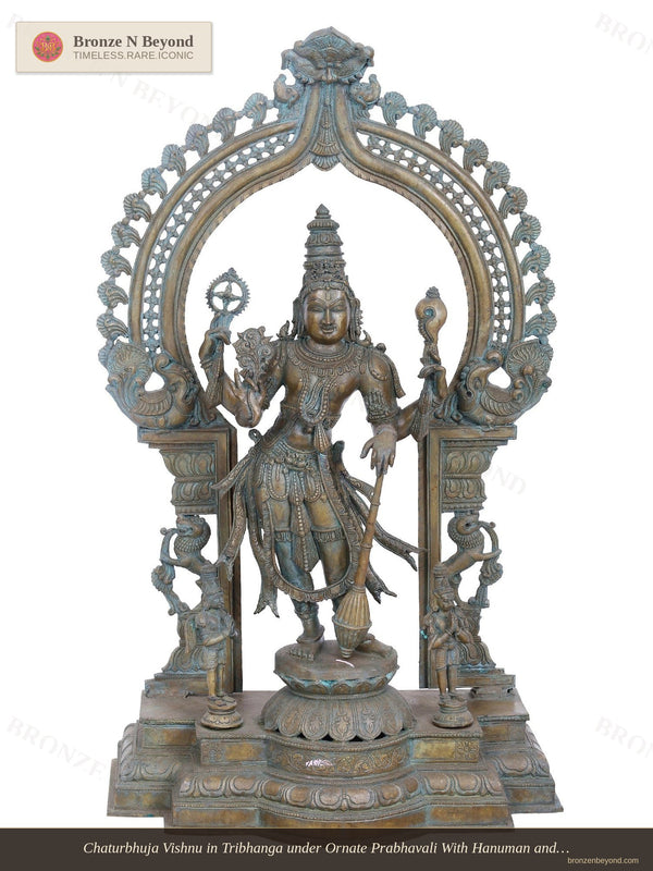 Chaturbhuja Vishnu in Tribhanga under Ornate Prabhavali With Hanuman and Garuda  in Panchaloha Bronze