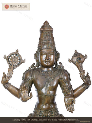 Standing Vishnu with Chakra Shankha on Two Tiered Pedestal in Panchaloha Bronze – Swamimalai