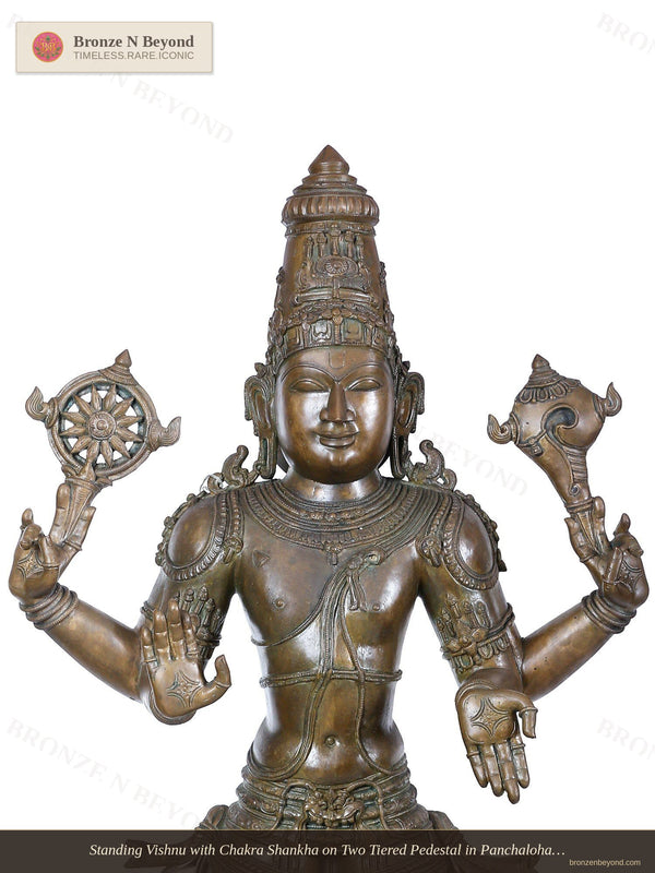 Standing Vishnu with Chakra Shankha on Two Tiered Pedestal in Panchaloha Bronze – Swamimalai