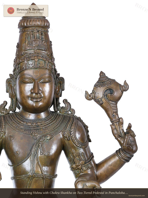 Standing Vishnu with Chakra Shankha on Two Tiered Pedestal in Panchaloha Bronze – Swamimalai