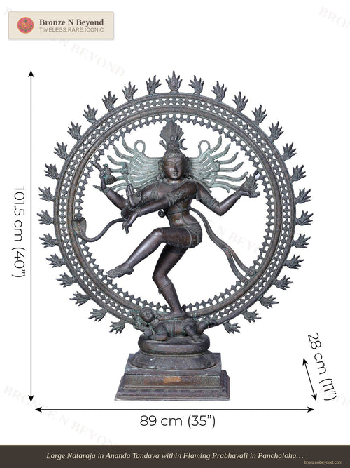 Large Nataraja in Ananda Tandava within Flaming Prabhavali in Panchaloha Bronze – Swamimalai, Tamil Nadu
