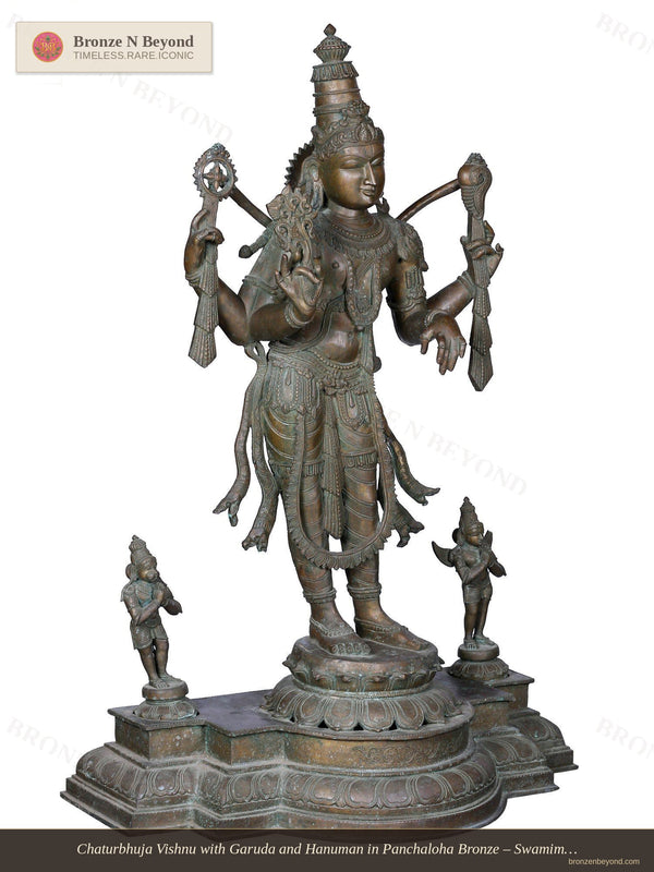 Chaturbhuja Vishnu with Garuda and Hanuman in Panchaloha Bronze – Swamimalai, Tamil Nadu