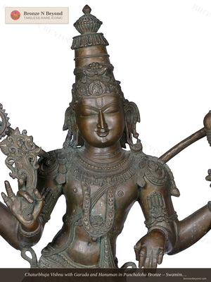 Chaturbhuja Vishnu with Garuda and Hanuman in Panchaloha Bronze – Swamimalai, Tamil Nadu