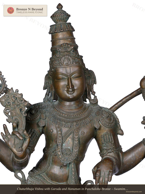 Chaturbhuja Vishnu with Garuda and Hanuman in Panchaloha Bronze – Swamimalai, Tamil Nadu