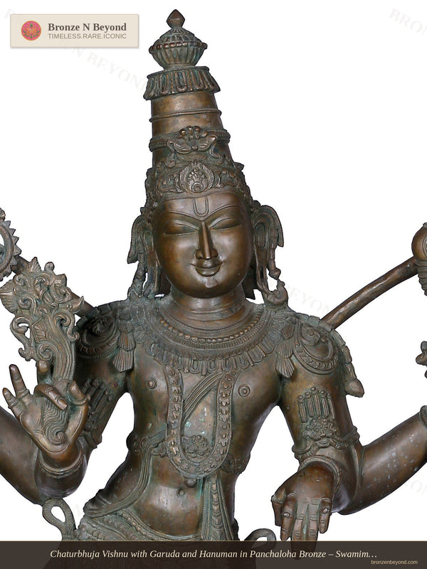 Chaturbhuja Vishnu with Garuda and Hanuman in Panchaloha Bronze – Swamimalai, Tamil Nadu