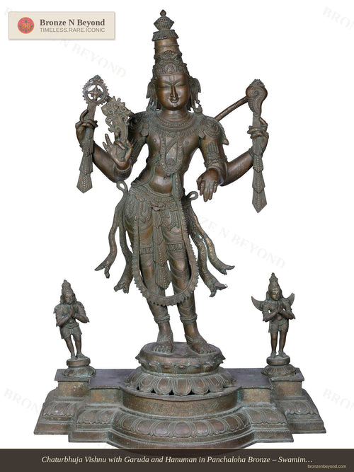 Chaturbhuja Vishnu with Garuda and Hanuman in Panchaloha Bronze