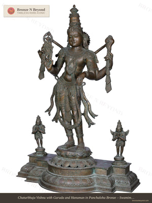 Chaturbhuja Vishnu with Garuda and Hanuman in Panchaloha Bronze – Swamimalai, Tamil Nadu