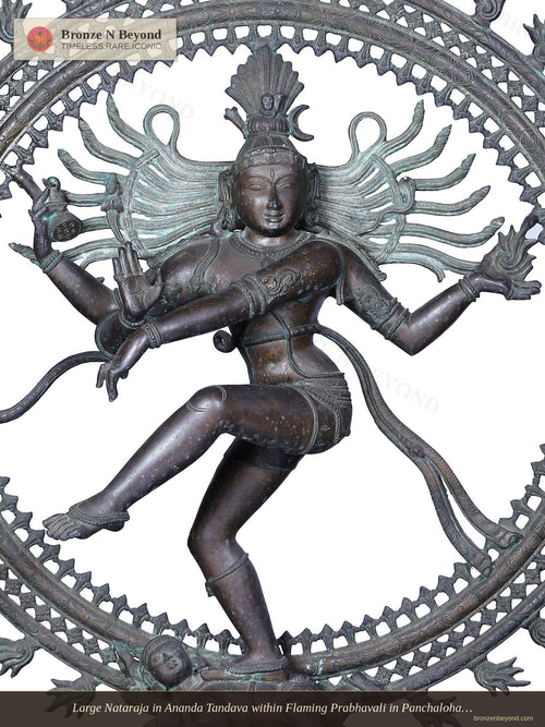 Large Nataraja in Ananda Tandava within Flaming Prabhavali in Panchaloha Bronze – Swamimalai, Tamil Nadu