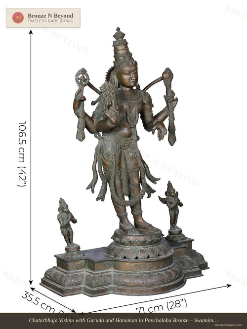Chaturbhuja Vishnu with Garuda and Hanuman in Panchaloha Bronze – Swamimalai, Tamil Nadu