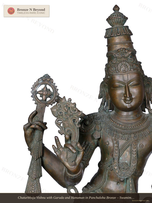 Chaturbhuja Vishnu with Garuda and Hanuman in Panchaloha Bronze – Swamimalai, Tamil Nadu