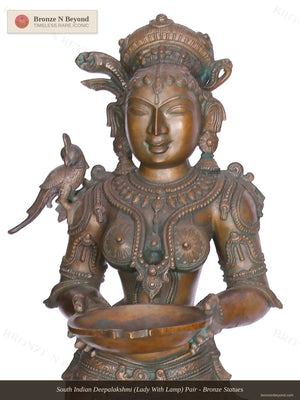 South Indian Deepalakshmi (Lady With Lamp) Pair - Bronze Statues