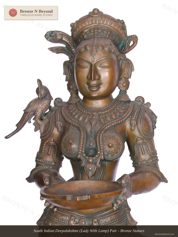 South Indian Deepalakshmi (Lady With Lamp) Pair - Bronze Statues