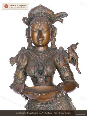 South Indian Deepalakshmi (Lady With Lamp) Pair - Bronze Statues
