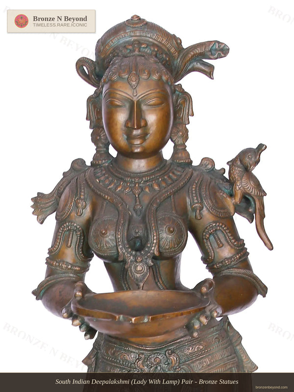 South Indian Deepalakshmi (Lady With Lamp) Pair - Bronze Statues