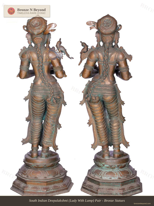 South Indian Deepalakshmi (Lady With Lamp) Pair - Bronze Statues