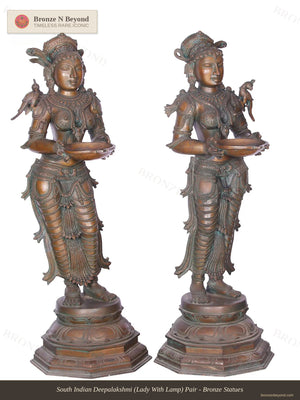 South Indian Deepalakshmi (Lady With Lamp) Pair - Bronze Statues
