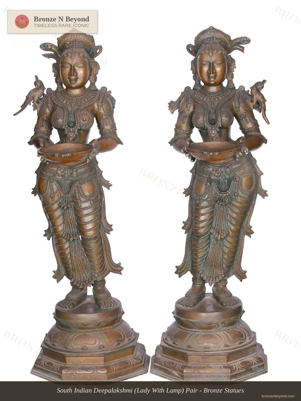 South Indian Deepalakshmi (Lady With Lamp) Pair- Bronze Statues