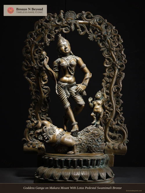Goddess Ganga on Makara Mount With Lotus Pedestal Swamimali Bronze