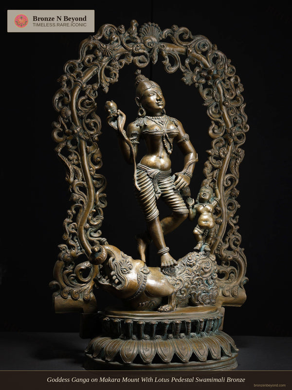 Goddess Ganga on Makara Mount With Lotus Pedestal Swamimali Bronze