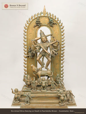 Ten-Armed Shiva Dancing on Nandi in Panchaloha Bronze