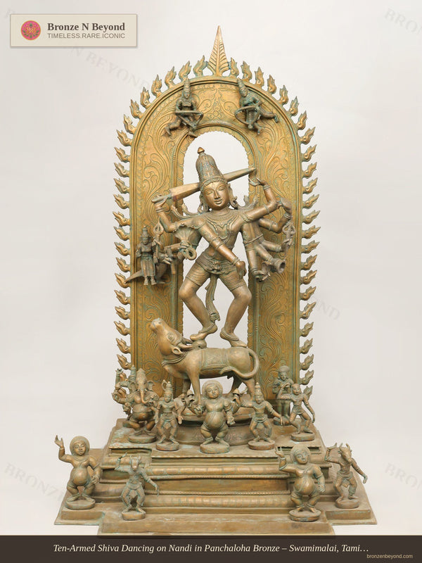 Ten-Armed Shiva Dancing on Nandi in Panchaloha Bronze
