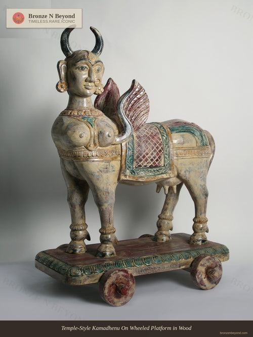 Temple-Style Kamadhenu On Wheeled Platform in Wood