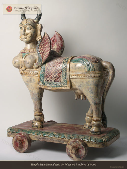 Temple-Style Kamadhenu On Wheeled Platform in Wood