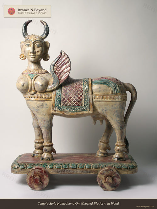 Temple-Style Kamadhenu On Wheeled Platform in Wood