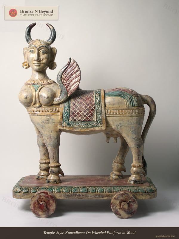 Temple-Style Kamadhenu On Wheeled Platform in Wood