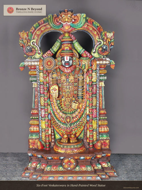 Six-Foot Venkateswara in Hand-Painted Wood Statue