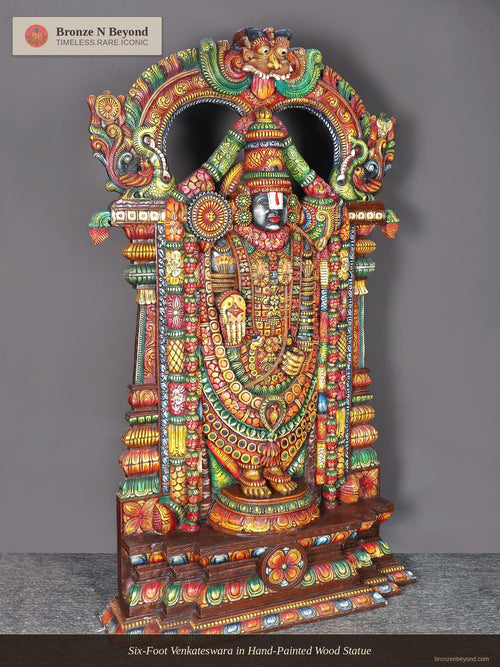 Six-Foot Venkateswara in Hand-Painted Wood Statue