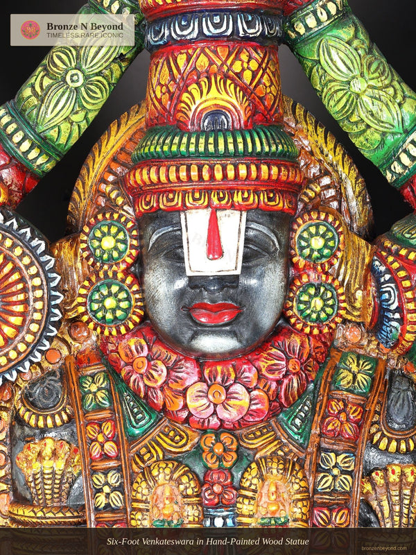 Six-Foot Venkateswara in Hand-Painted Wood Statue