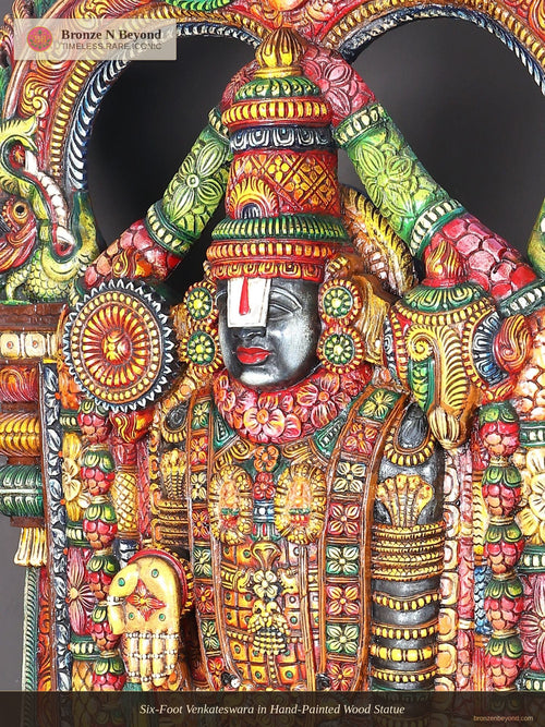 Six-Foot Venkateswara in Hand-Painted Wood Statue