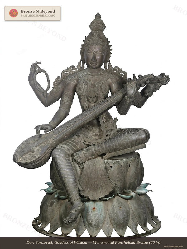 Devi Saraswati, Goddess of Wisdom — Monumental Panchaloha Bronze (66 in)