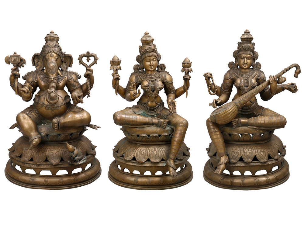 Ganesha, Lakshmi and Saraswati in Bronze