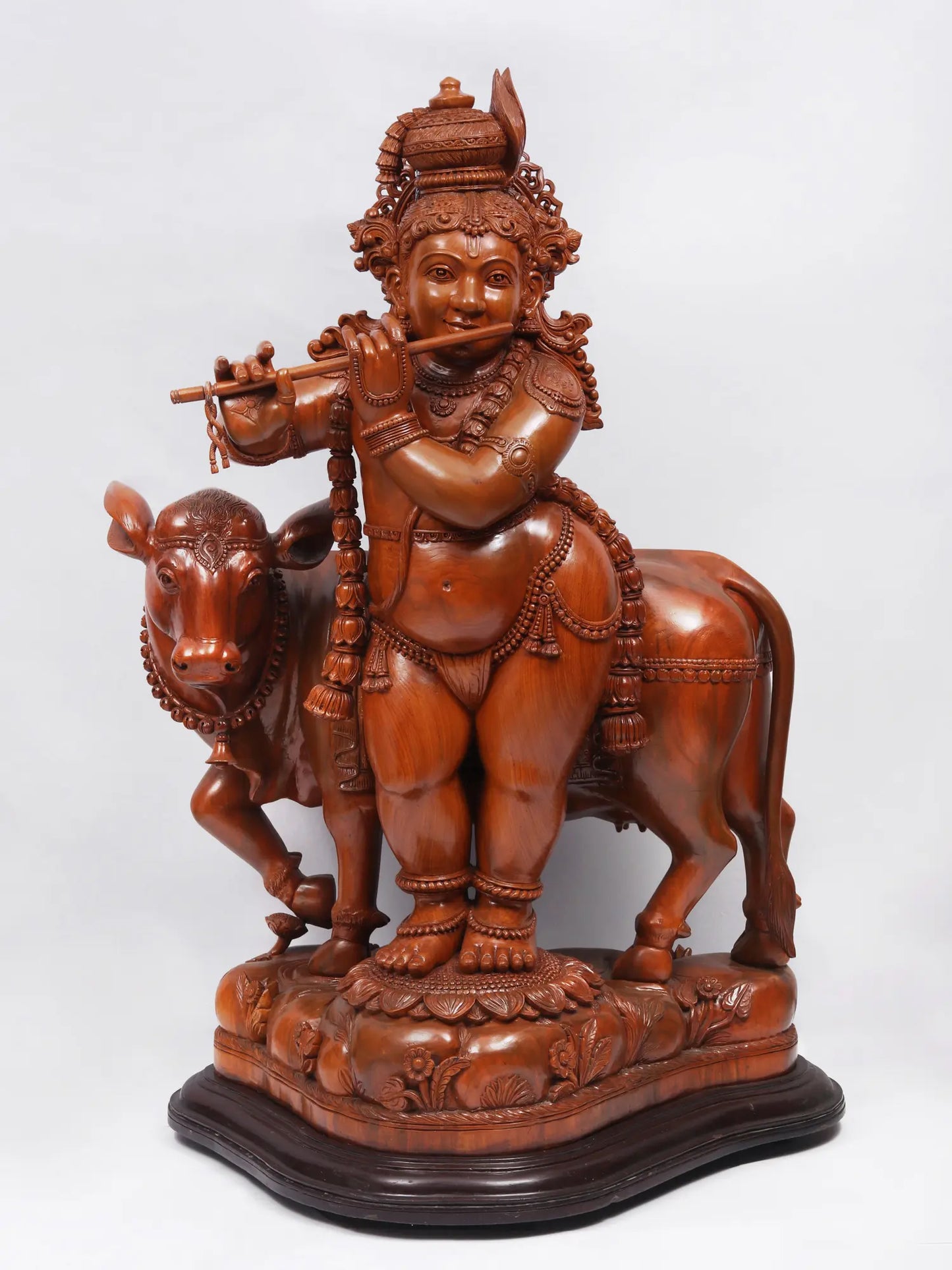 55" Masterpiece of Venugopala with Cow (Lord Krishna Playing Flute) | Teakwood Statue fot Temple
