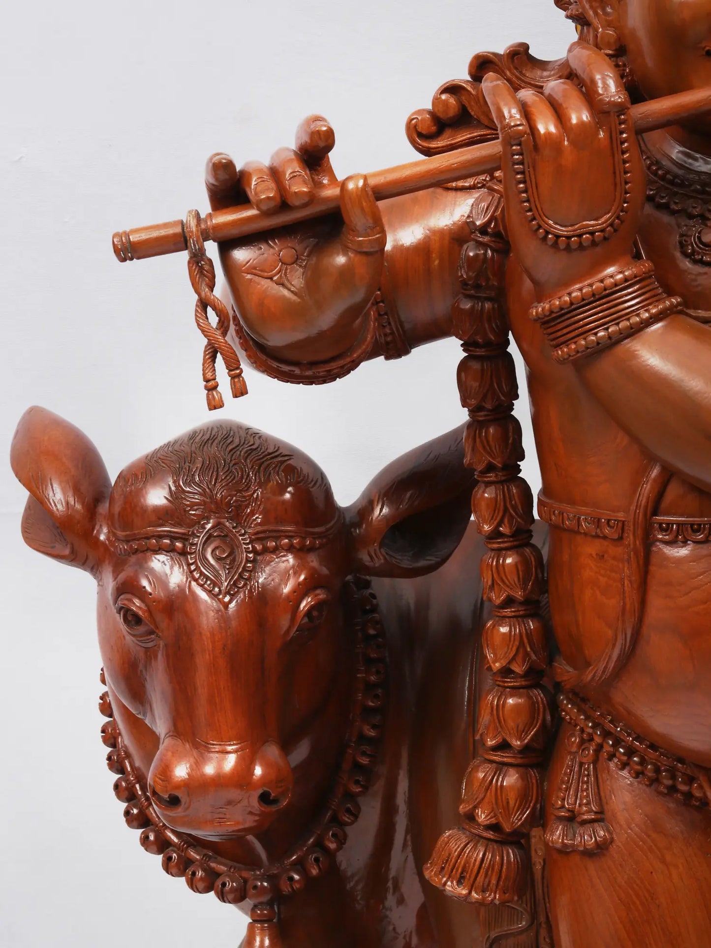55" Masterpiece of Venugopala with Cow (Lord Krishna Playing Flute) | Teakwood Statue fot Temple