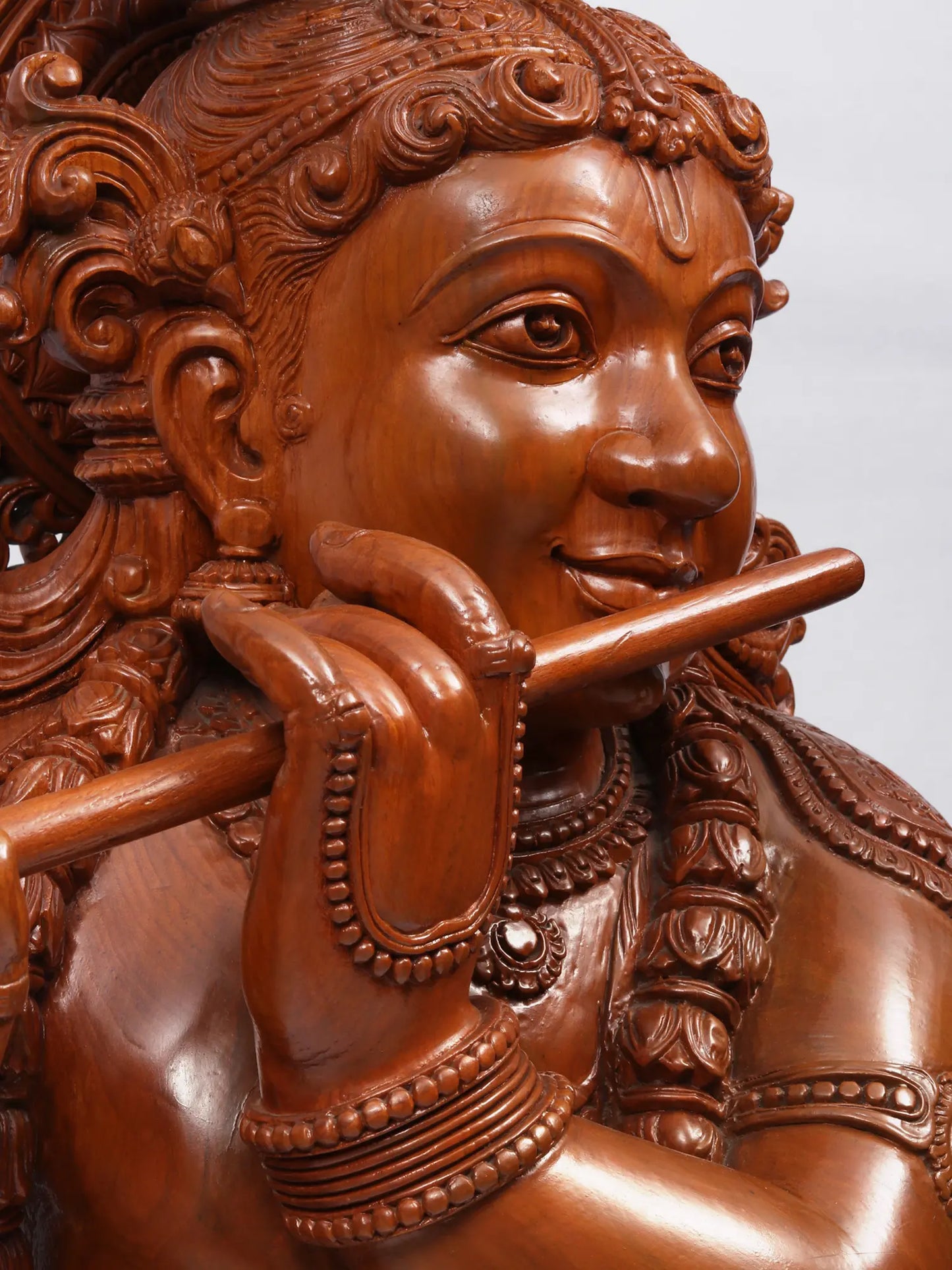 55" Masterpiece of Venugopala with Cow (Lord Krishna Playing Flute) | Teakwood Statue fot Temple
